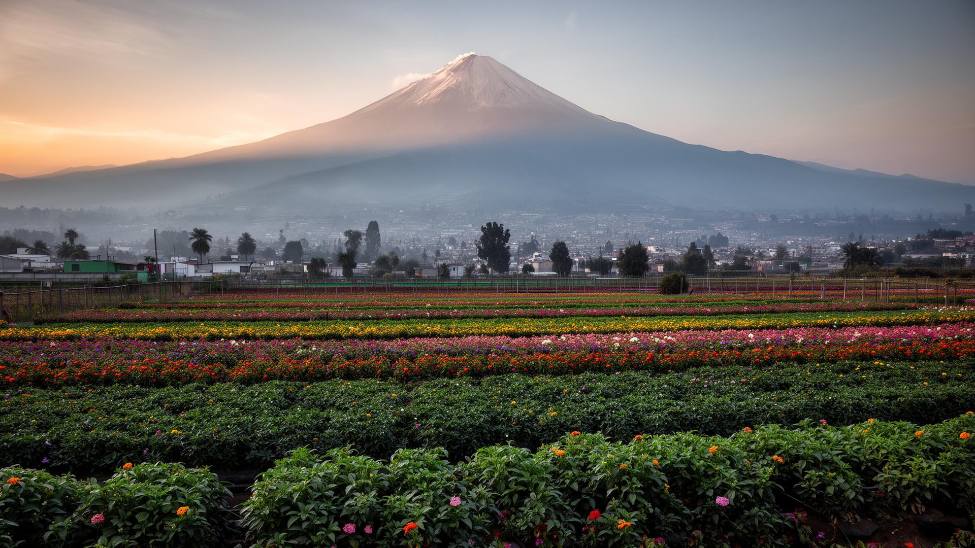 Atlixco farm with Popocatépetl in the distance